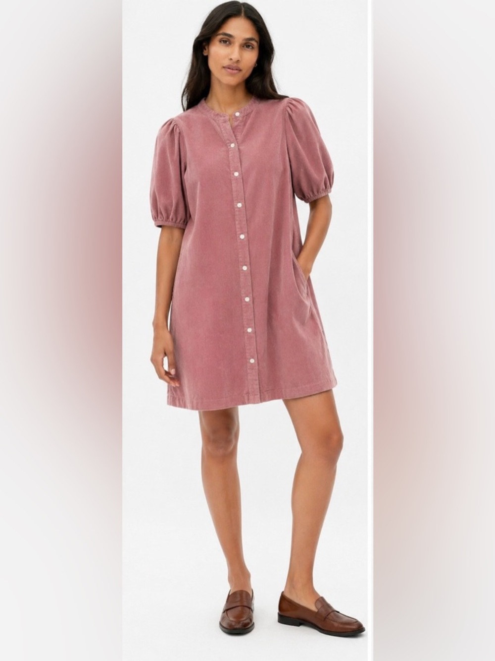 Madewell Dusty Rose Corduroy Puff Sleeve Button Front Mini Dress Cottagecore  M